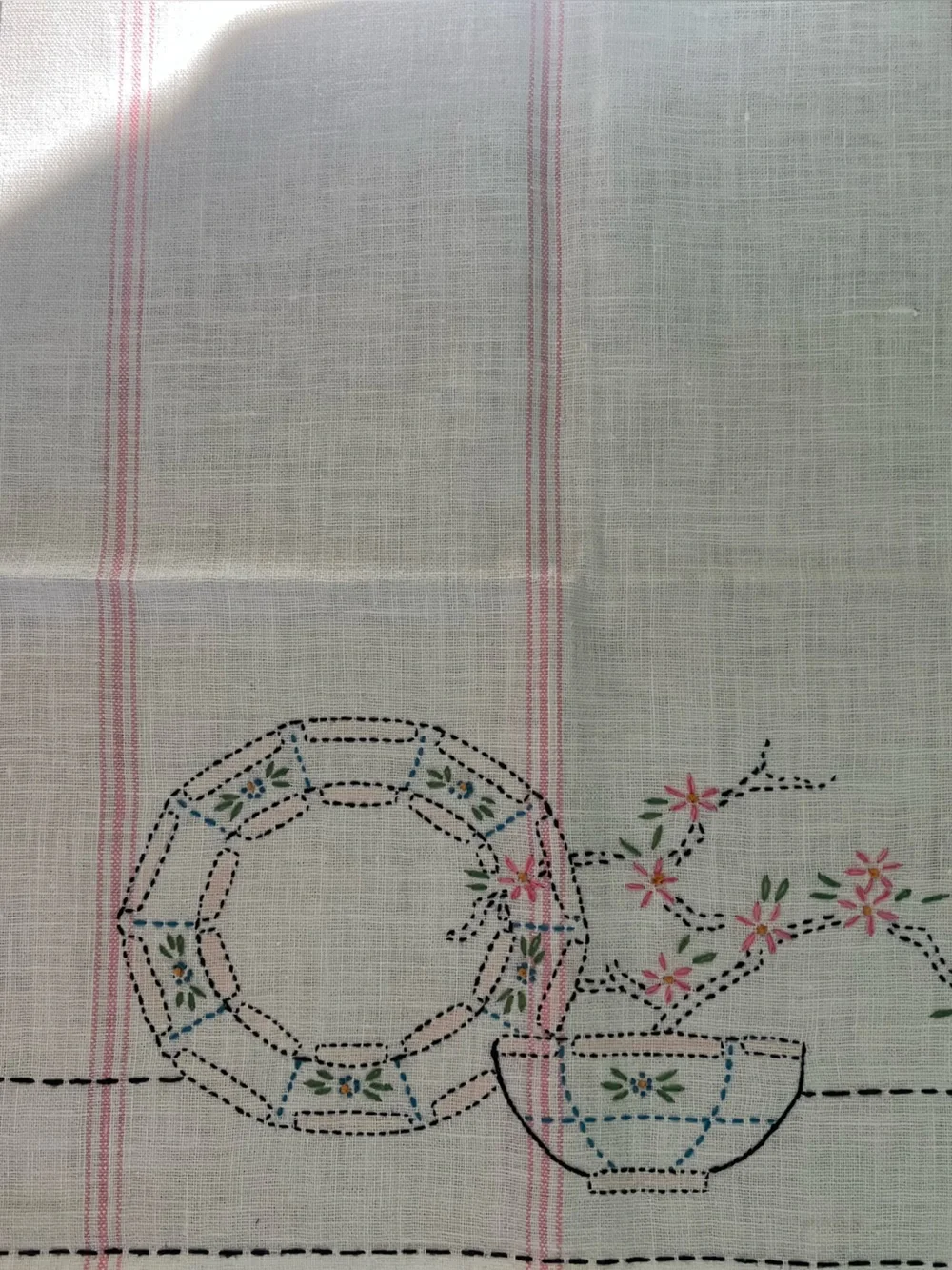 Vintage Embroidered Linen Kitchen Towels Set of 3 27x17